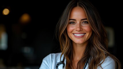 A female doctor stands confidently in her clinic, smiling warmly at the camera while wearing a white coat and a stethoscope around her neck. The setting conveys a sense of care