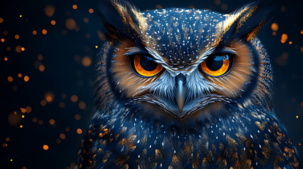 Majestic owl portrait, night bokeh, digital art, wildlife