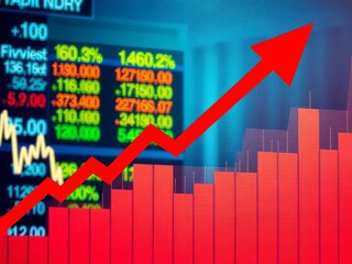 Downtrend financial market chart with red pencil and arrow pointing downwards, negative, market analysis, downfall