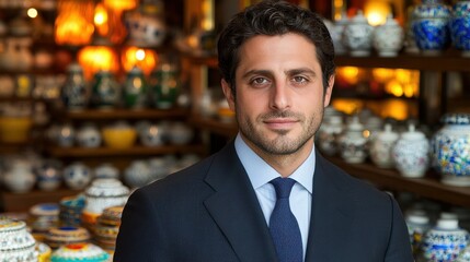 A young man stands in a pottery shop surrounded by vibrant decorative items. The warm glow of lights enhances the rich colors of the ceramics around him, creating an inviting atmosphere