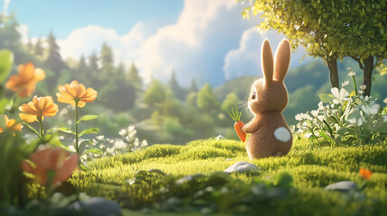 A fluffy bunny holding a carrot in a green meadow 