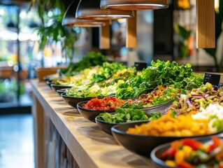 A vibrant vegan salad bar, in a modern restaurant, featuring a variety of fresh