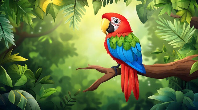 A cute cartoon parrot sitting on a tree branch in a jungle 