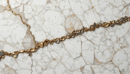 White marble with subtle black and pronounced golden linear cracks