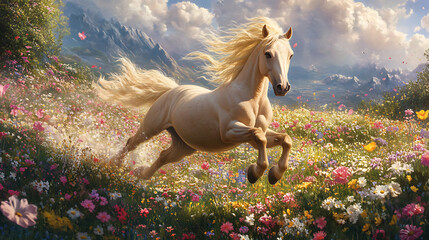 A playful pony galloping in a flower-filled meadow 