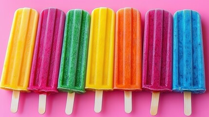 A vibrant assortment of popsicles in various colors is lined up on a cheerful pink surface, evoking a sense of summer fun and sweetness, perfect for a hot day