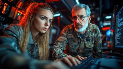 Two individuals, one young woman and one older man, work intently at a computer in a dark, high-tech room. Bright screens illuminate their focused expressions, showcasing a serious analysis