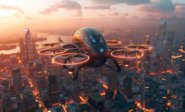 Passenger drone is flying over futuristic illuminated smart city at sunset