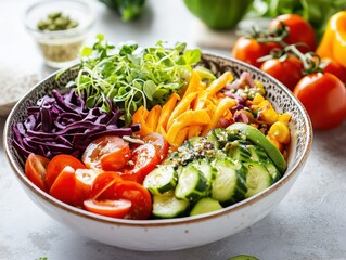 A vibrant vegan salad bowl, in a bright kitchen setting, emphasizing fresh