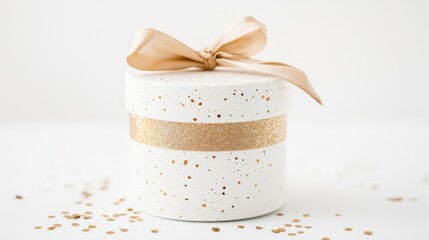 Elegant White Gift Box with Golden Bow and Sparkling Confetti Decor