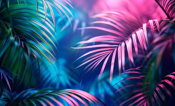 Neon jungle background featuring overlapping palm leaves in vibrant pink and blue hues, creating a tropical and exotic atmosphere