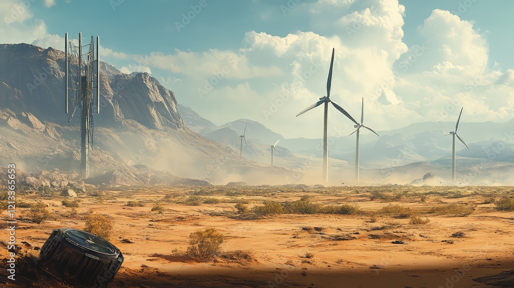 Poster a calm and serene image of wind turbines in a vast open field, with a clear sky and room for text