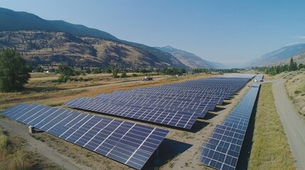 A bright, sunny landscape featuring solar panels, contributing to carbon reduction, with a clear sky above for text