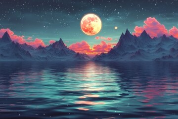 3D digital art, vector illustration of a glass mountain range in the sky with a moon and stars, featuring a teal blue-green gradient, highly detailed fantasy landscape.