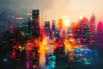 Fototapeta premium Vibrant cityscape sunrise, futuristic metropolis, digital art, website banner