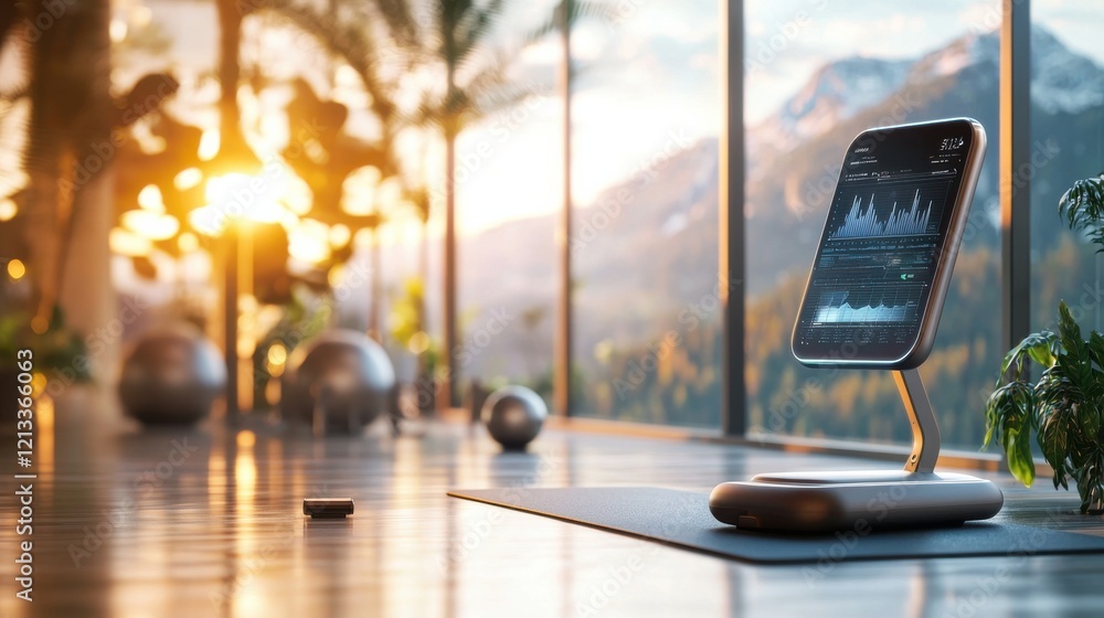 Poster minimalist workspace with smartphone device on wooden table by window