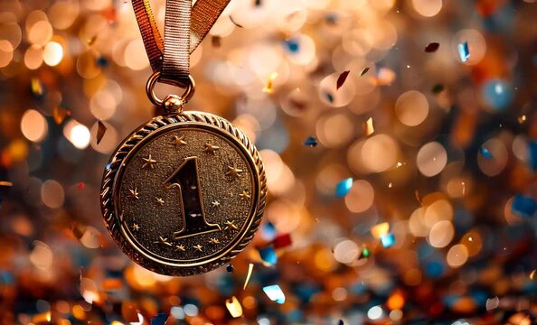 Gold medal with number one hanging on ribbon celebrating victory with falling confetti