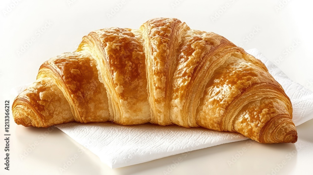 Poster a close-up flat-lay of a croissant with a light, flaky texture, placed on a soft cloth napkin with a