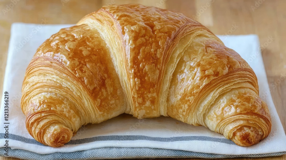 Poster a close-up flat-lay of a croissant with a light, flaky texture, placed on a soft cloth napkin with a