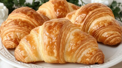 A close-up flat-lay of a fresh croissant, with light, airy layers, placed on a simple plate with ample room for copy
