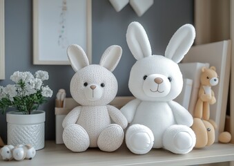 Obraz premium 3D rendering of a cute rabbit and white bear toy on a shelf in a children's room with a grey wall background, featuring a pastel color palette and minimalist style.