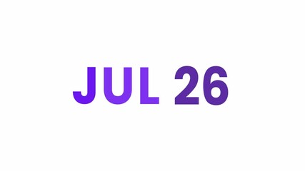 26th July calendar icon animation. Alpha matte with transparent background 4K resolution.