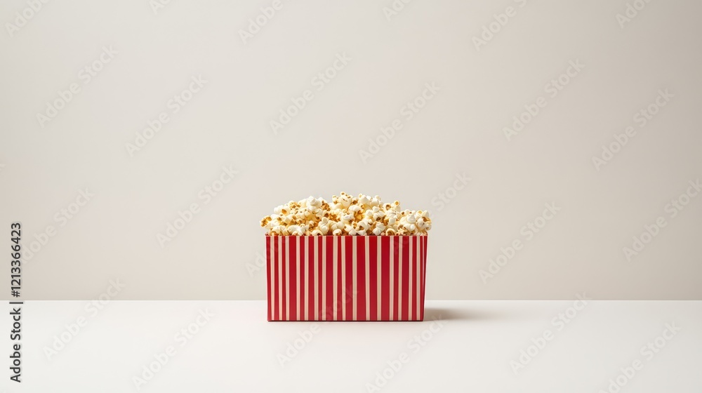 Poster a close-up of freshly popped golden popcorn in a red striped box placed on a plain white background 