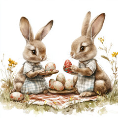 Charming illustration of two bunnies in plaid dresses decorating colorful Easter eggs on a picnic blanket, surrounded by wildflowers in a whimsical springtime meadow