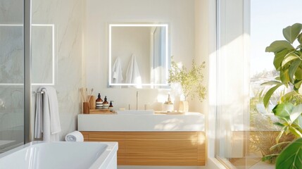 Luxurious Minimalist Bathroom with Wooden Vanity and Lush Greenery