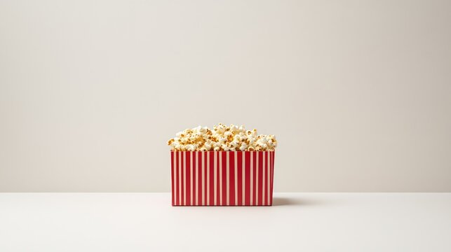 A close-up of freshly popped golden popcorn in a red striped box placed on a plain white background with ample copy space on the side