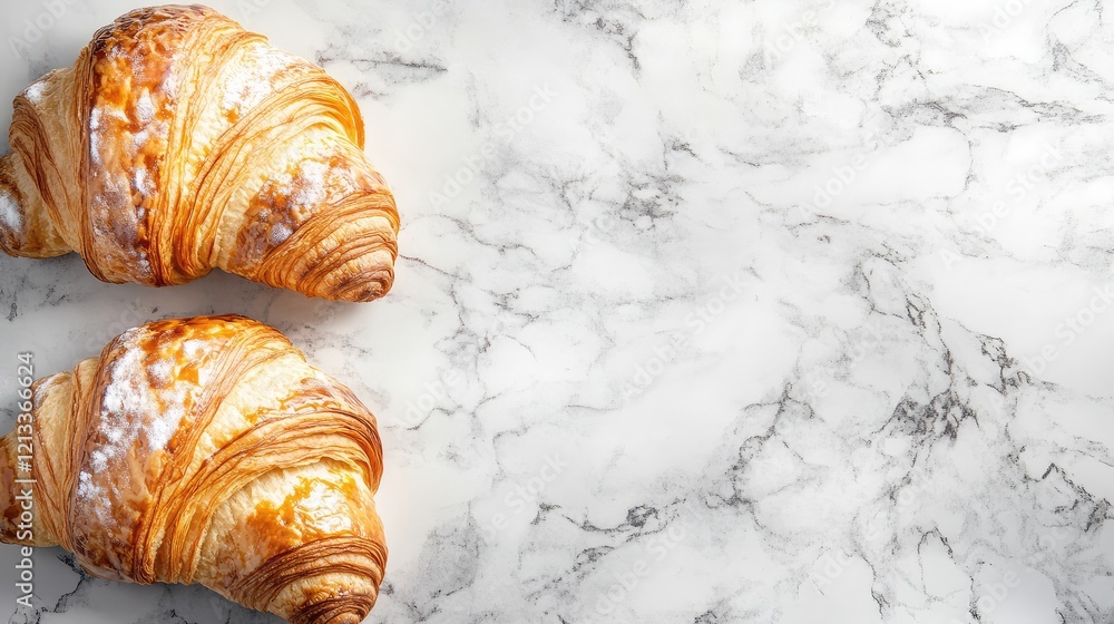 Poster a close-up top-down shot of a croissant with golden layers of flaky dough, placed on a simple backgr