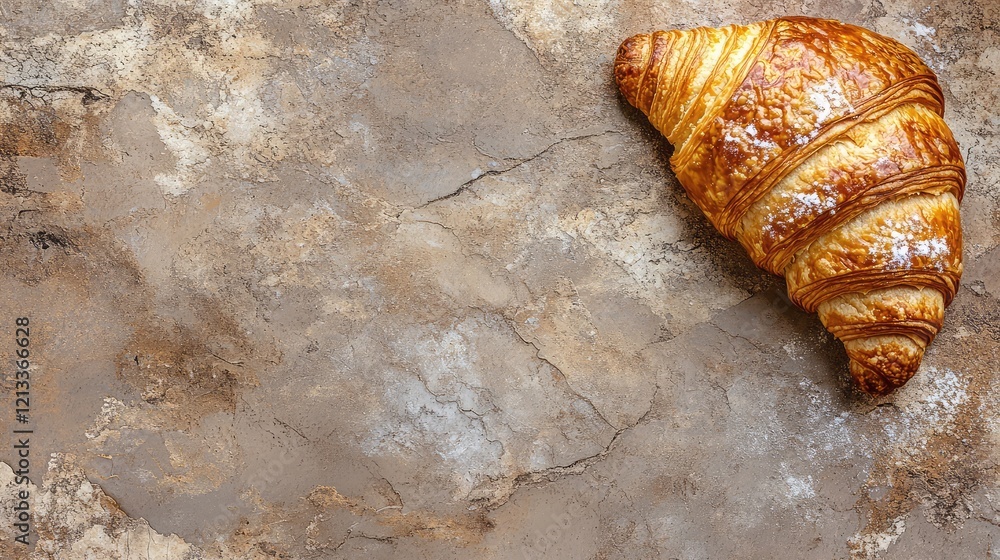 Poster a close-up top-down shot of a croissant with golden layers of flaky dough, placed on a simple backgr