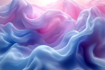 Obraz premium 3D render of an abstract background with flowing cloth in the air, featuring minimalistic design in white, pastel blue, pink, and purple colors.