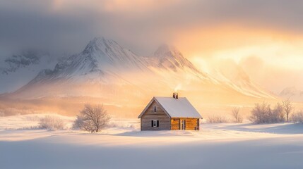 Cozy Cabin Nestled in Snowy Winter Wonderland with Majestic Mountain Backdrop