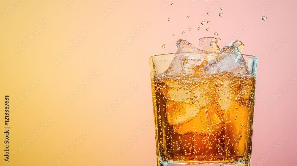 Poster a dynamic side shot of a bubbling fountain soda with ice, placed on a pastel gradient background wit