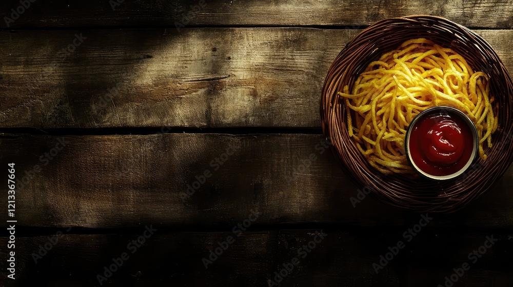 Poster a dynamic shot of curly fries in a basket with a glossy ketchup bowl on the side, all placed on a ru