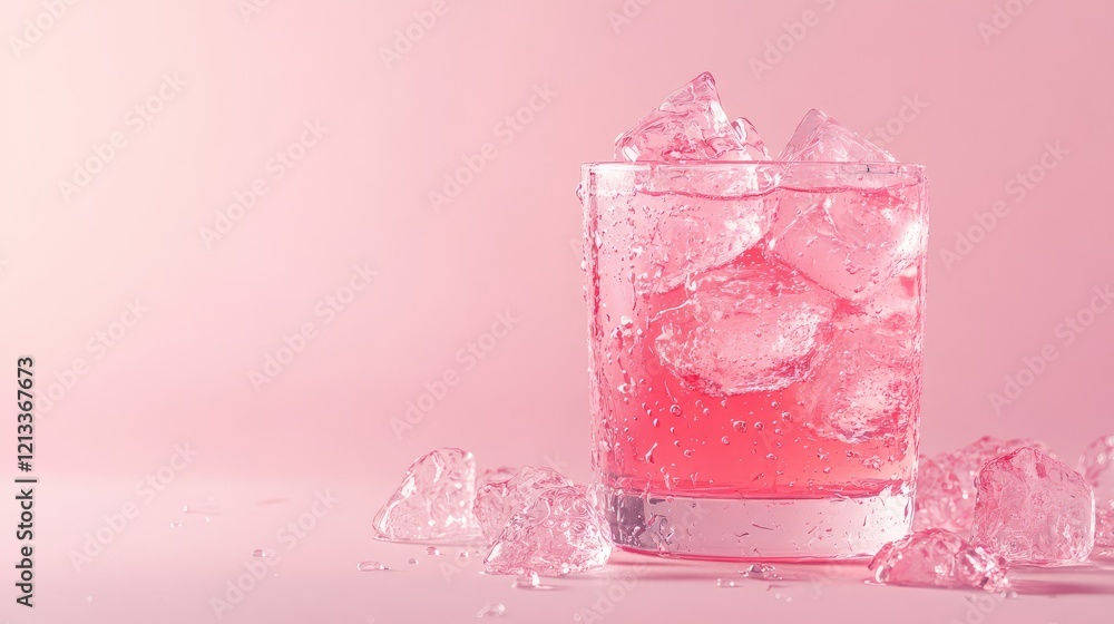 Poster a dynamic side shot of a bubbling fountain soda with ice, placed on a pastel gradient background wit
