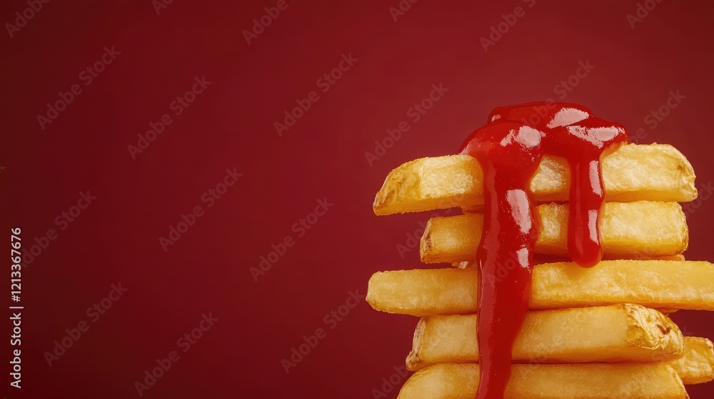 Aufkleber a dynamic view of a stack of golden fries with ketchup drizzled over them, against a bold red backgr