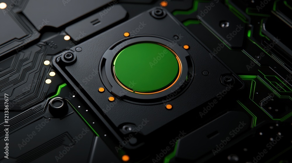 Poster green tech button: close-up view of a sleek, green circular button embedded in a high-tech, black ci