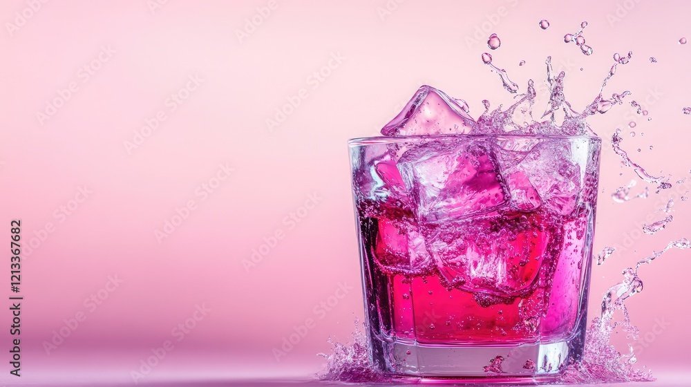 Poster a dynamic side shot of a bubbling fountain soda with ice, placed on a pastel gradient background wit
