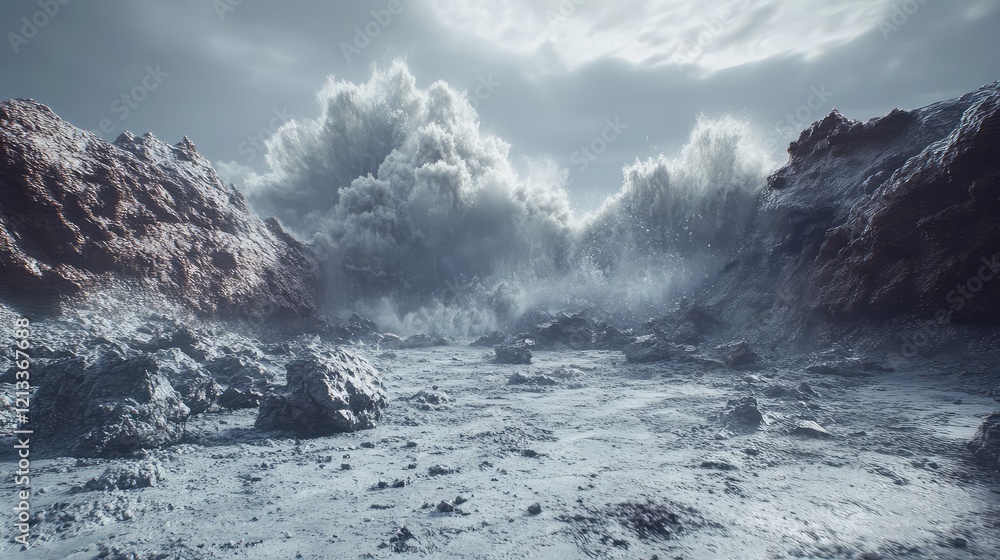 Poster a dynamic view of large waves crashing against rocky formations, spray and foam highlighted against 