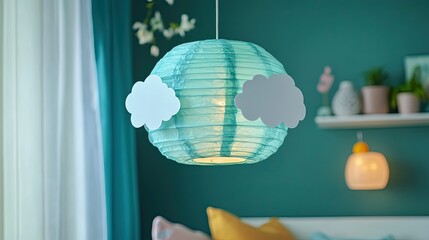 Teal Paper Lantern Decorated With Clouds