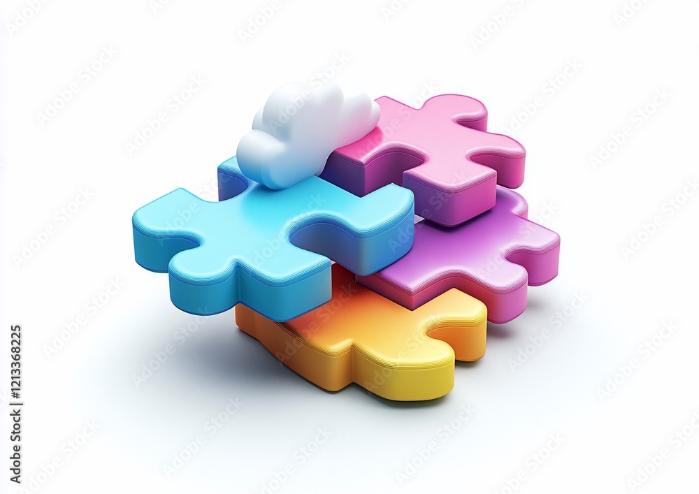 Poster colorful puzzle pieces with a cloud, representing connection and solutions.