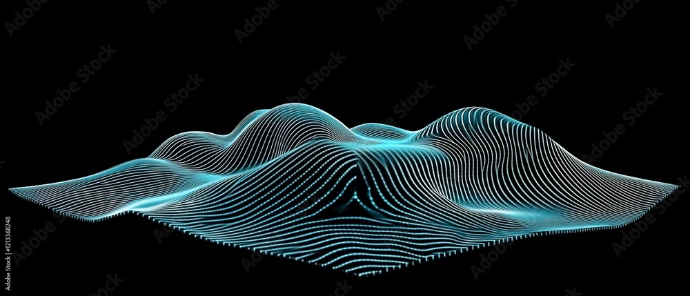 Poster abstract 3d rendering of a flowing, textured surface with light blue lines on a black background.