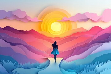 Path to the future - a silhouette of a girl walking along a winding road in a vibrant abstract landscape with the sun and clouds, symbolizing hope, self-growth, and dreams of achieving goals