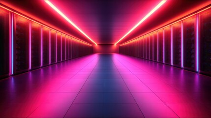 Futuristic neon-lit server room corridor.