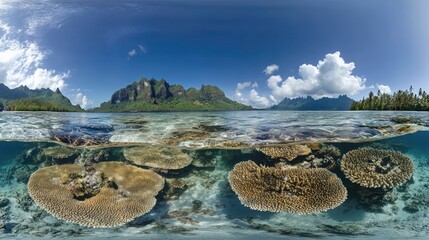 Obraz premium A healthy coral reef under crystal-clear water with diverse marine life, offering open space for copy in the sky above