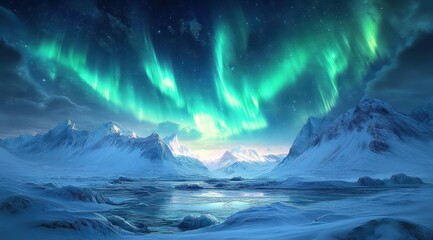 Naklejka premium Arctic Landscape with Northern Lights Snow-Covered Mountains Icebergs Frozen Tundra Aurora Borealis Scenic Night Sky