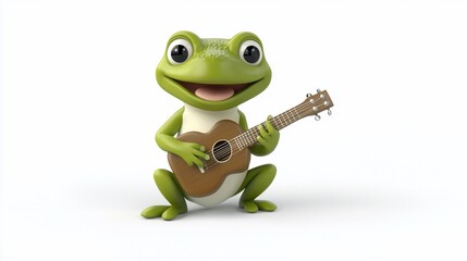 Happy cartoon frog playing ukulele.