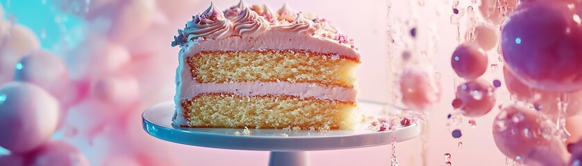 A Slice of Pink Cake with Sprinkles and a Bubbly Background